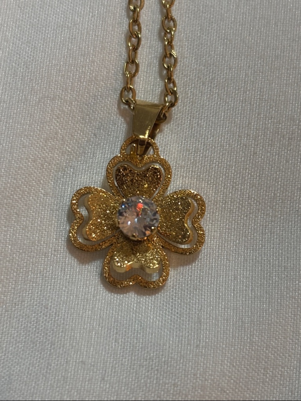Gold-Tone Clover Pendant Necklace with Center Crystal